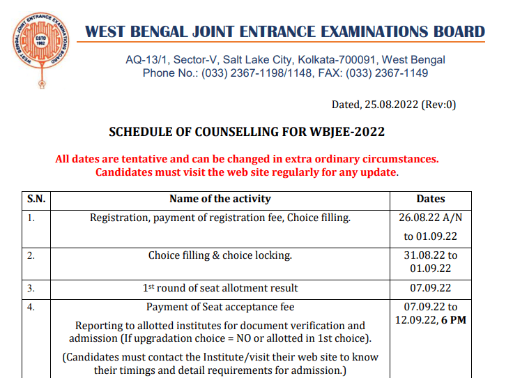 WBJEE Counselling 2022